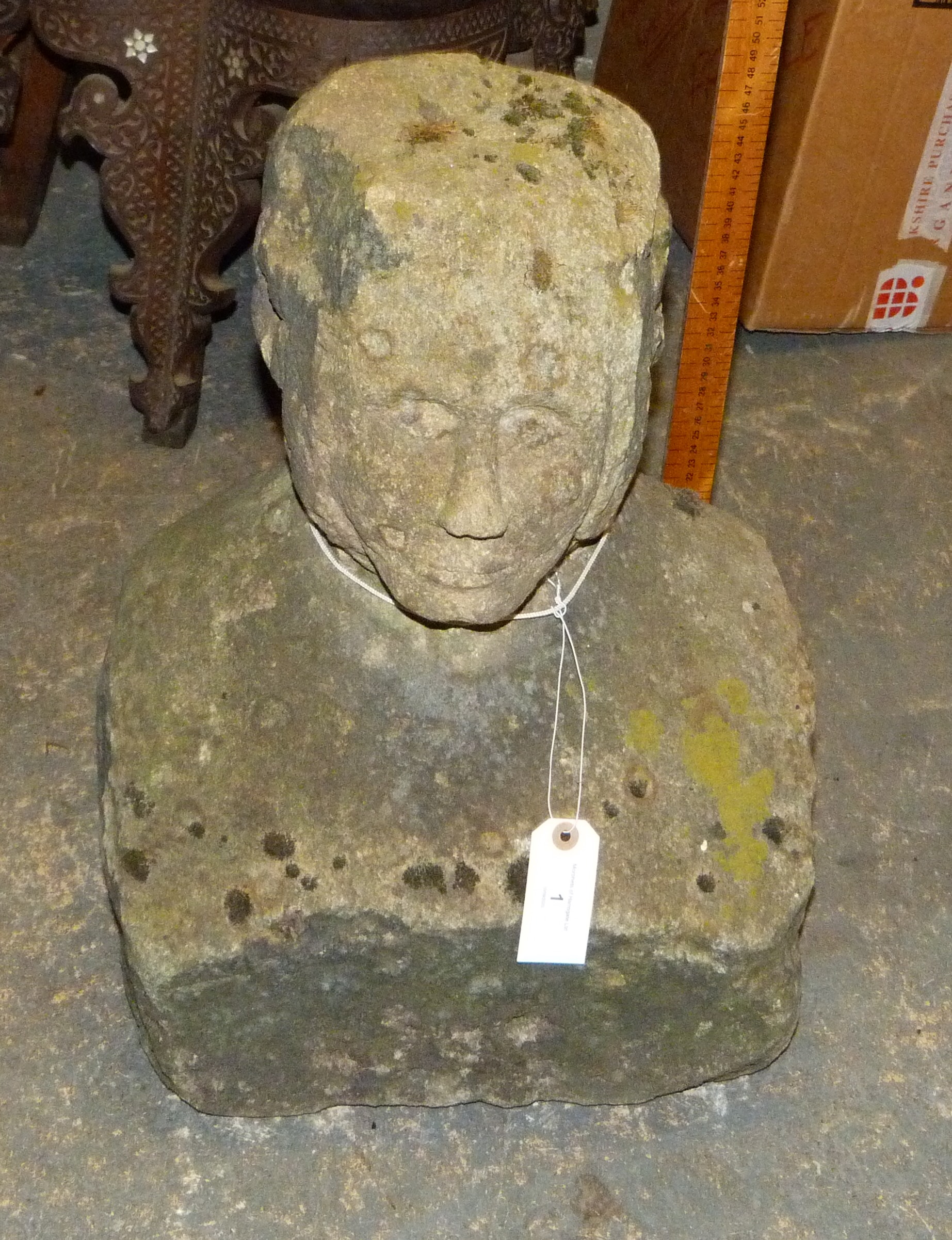 A 19TH CENTURY STONE SCULPTURE OF A MALE HEAD AND SHOULDERS the face re-carved, 40cm wide x 29cm - Image 6 of 8