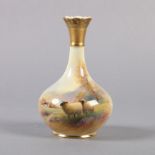A ROYAL WORCESTER VASE by Harry Davis with sheep grazing in a meadow, the bottle shaped body with