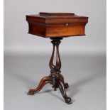 A VICTORIAN ROSEWOOD VENEERED TEAPOY, the shallow sarcophagus shaped top hinged to reveal an