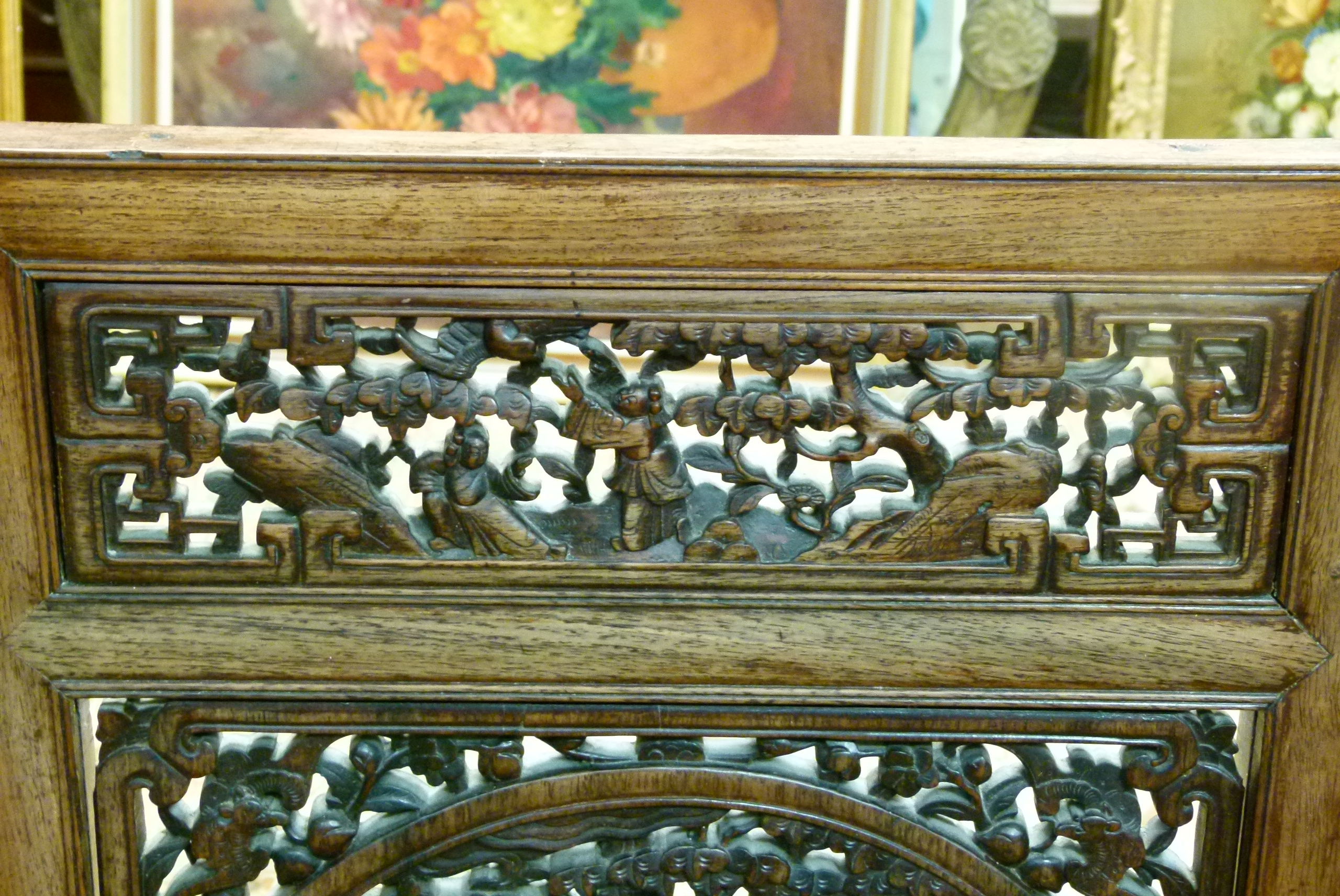 A CHINESE HARDWOOD SCREEN, the rectangular panel with central roundel carved and pierced with - Image 4 of 11