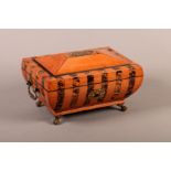 A REGENCY SATINWOOD AND BURR WALNUT BANDED JEWEL BOX OF SARCOPHAGUS SHAPE, velvet lined, with gilt