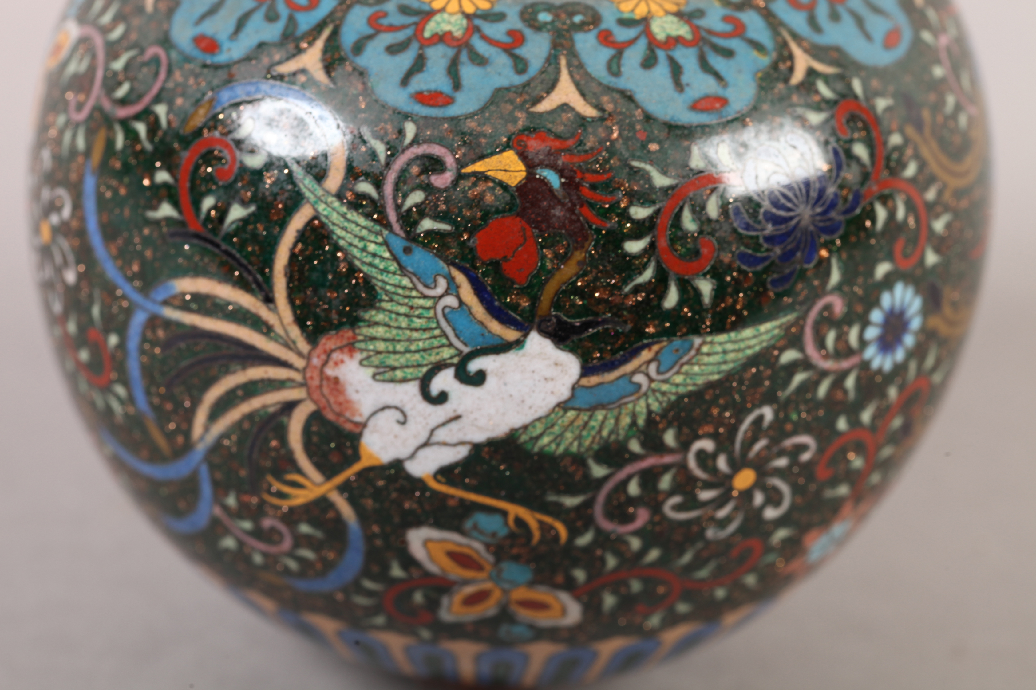 A CHINESE CLOISONNE KORO of spherical form, the domed and pierced cover with bud finial, the green - Image 3 of 4