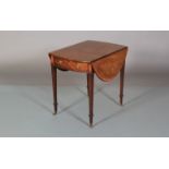 AN EARLY 19TH CENTURY MAHOGANY AND ROSEWOOD BANDED PEMBROKE TABLE, having twin drop leaves, drawer