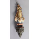 A 19TH CENTURY CONTINENTAL POLYCHROME AND GILT DECORATED SOFT WOOD CARVING OF THE MADONNA, hands