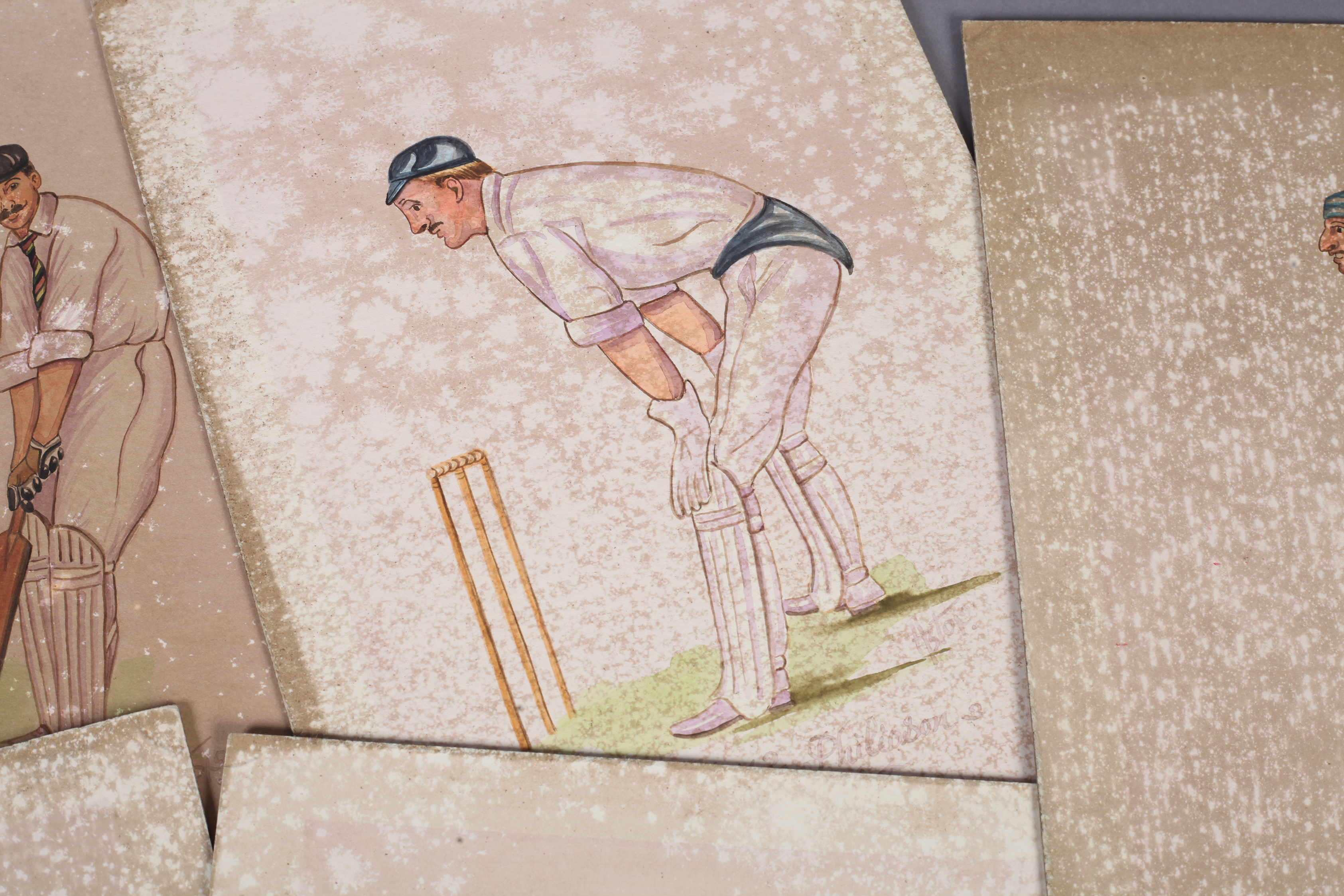 A SET OF SIX WATERCOLOUR DRAWINGS OF EMINENT CRICKETERS to include: B.J.T Bosanquet - Old Etonian - Image 2 of 2