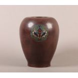 A CHINESE BRONZE AND CHAMPLEVE ENAMELLED VASE, ovoid, the enamelled roundels filled with opposing