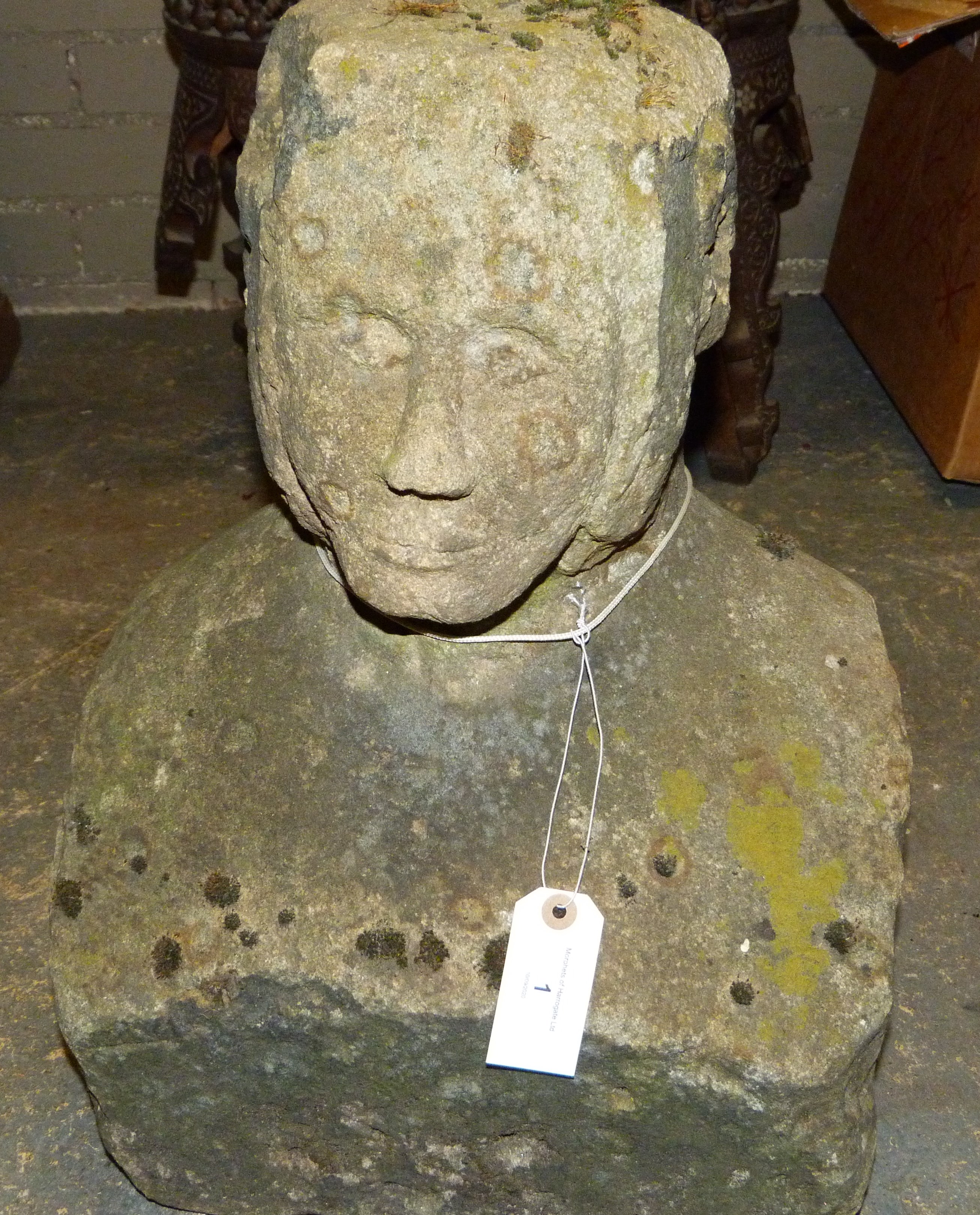 A 19TH CENTURY STONE SCULPTURE OF A MALE HEAD AND SHOULDERS the face re-carved, 40cm wide x 29cm - Image 5 of 8