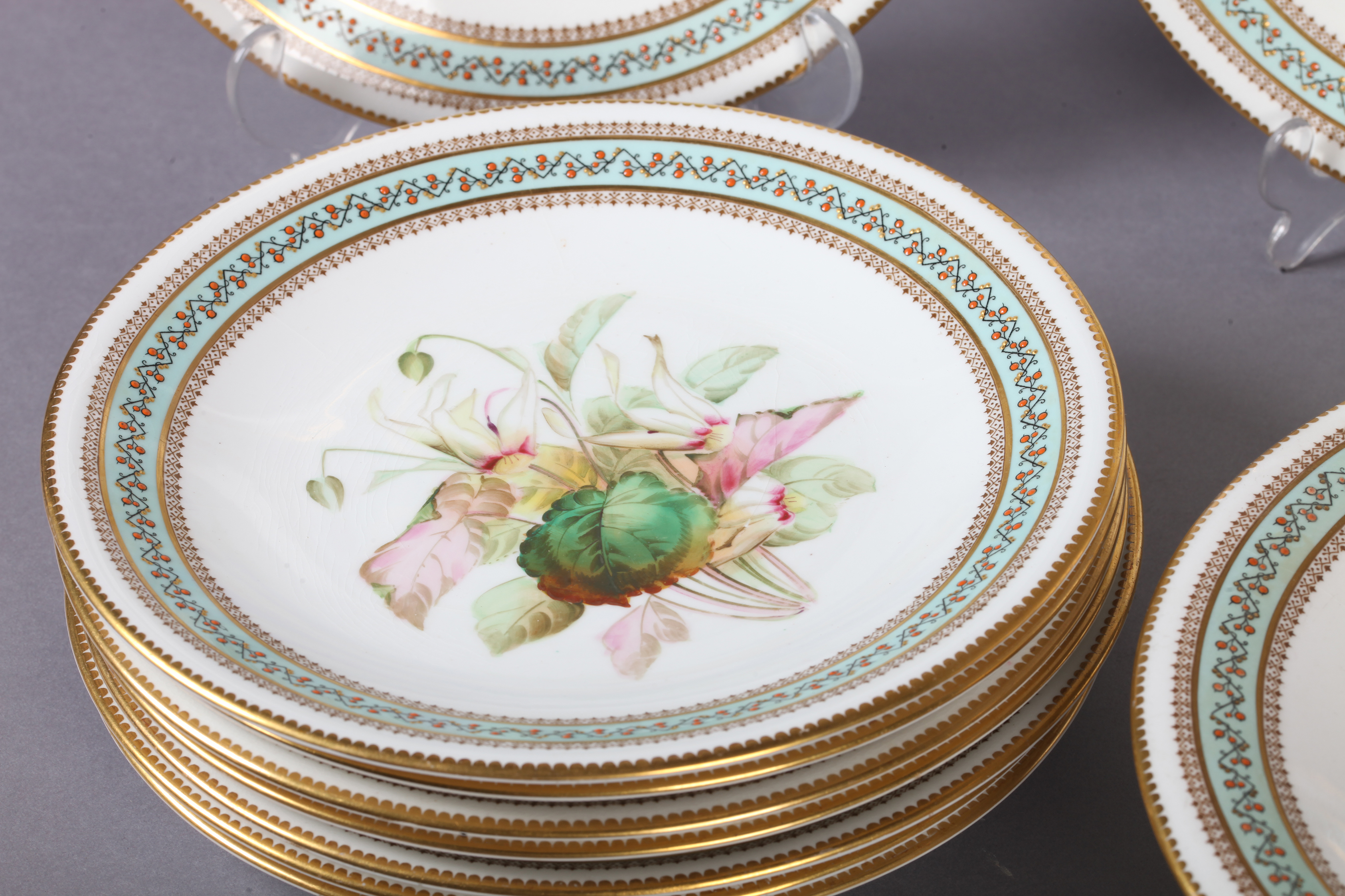 A ROYAL WORCESTER PART DESSERT SERVICE each piece hand painted with a botanical study of English - Image 3 of 4
