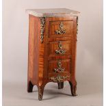A LOUIS XVI STYLE BRASS MOUNTED KINGWOOD MINIATURE CHEST OF THREE DRAWERS, moulded marble top, the