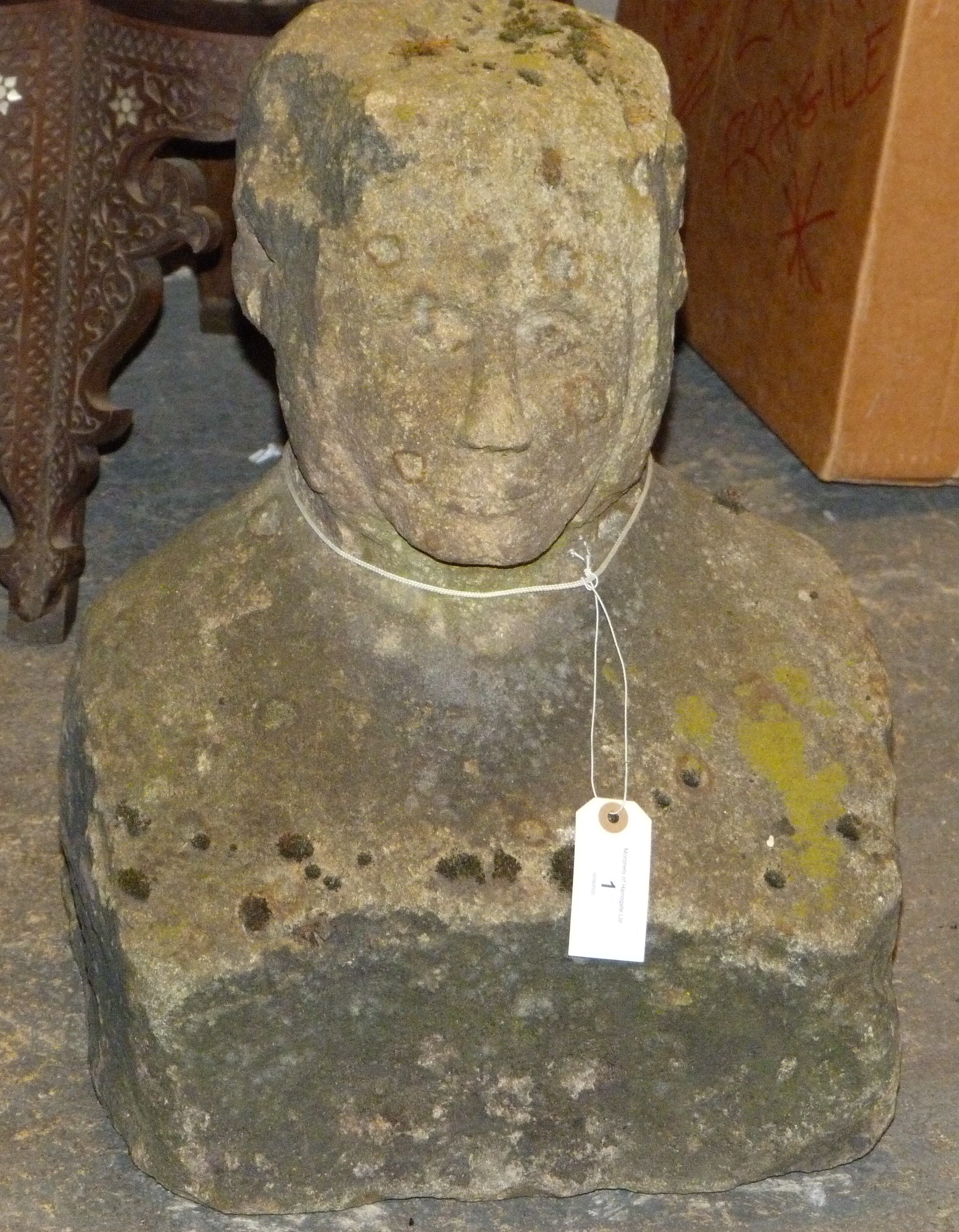 A 19TH CENTURY STONE SCULPTURE OF A MALE HEAD AND SHOULDERS the face re-carved, 40cm wide x 29cm - Image 8 of 8