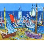 ARR JEAN DUFY FRENCH (1888-1964) BATEAUX DE PECHE oil on canvas, signed to lower left, label for