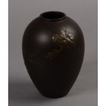 A JAPANESE BRONZE VASE, Meiji period, of plain ovoid form, onlaid with a single branch of leaves