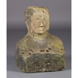 A 19TH CENTURY STONE SCULPTURE OF A MALE HEAD AND SHOULDERS the face re-carved, 40cm wide x 29cm