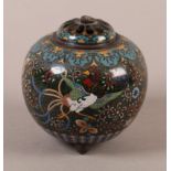 A CHINESE CLOISONNE KORO of spherical form, the domed and pierced cover with bud finial, the green