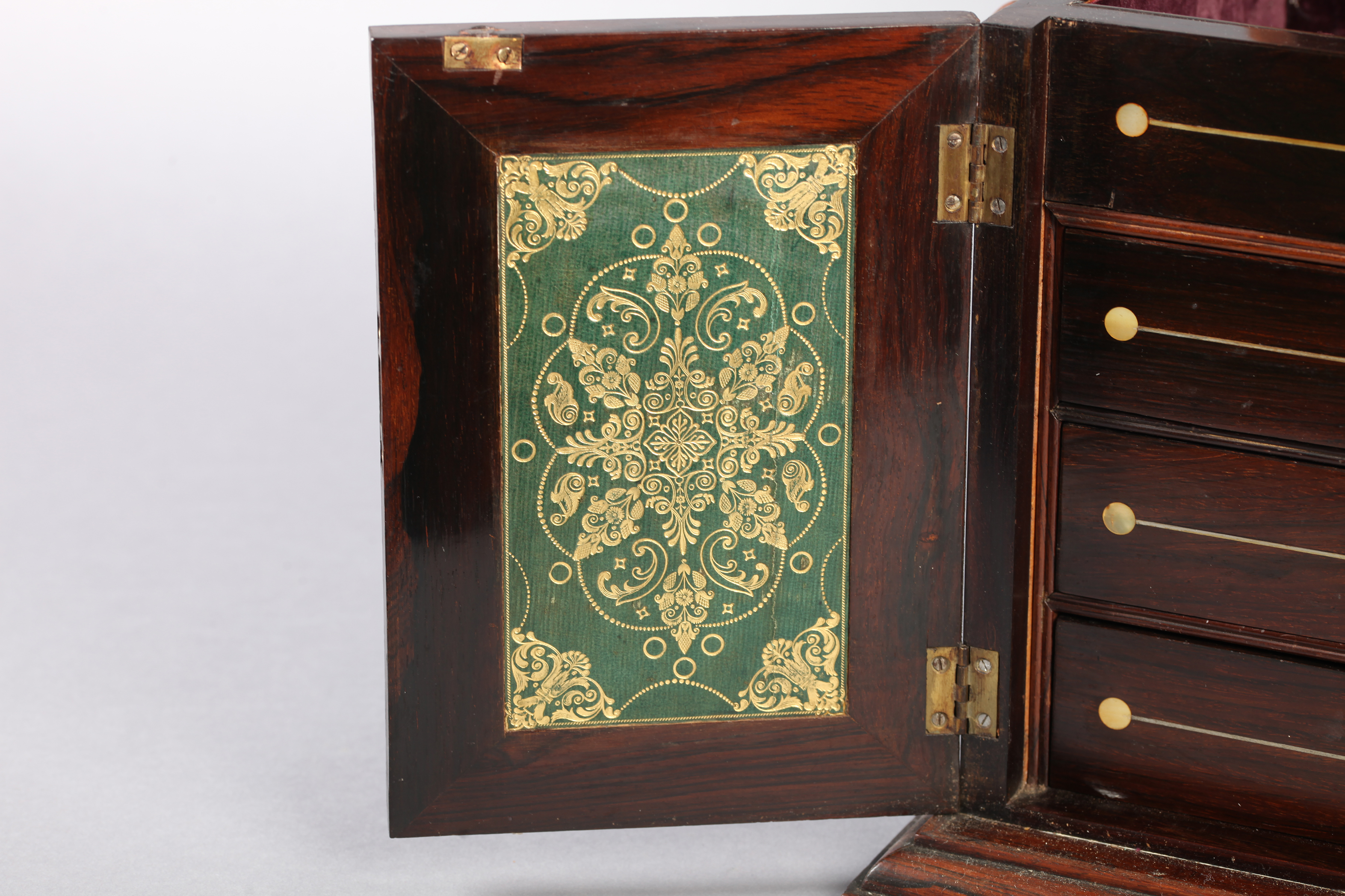 A VICTORIAN MOTHER OF PEARL INLAID ROSEWOOD TABLE CABINET with domed sarcophagus shaped hinged lid - Image 5 of 5