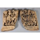 A PAIR OF STRIPPED CARVED HARDWOOD PANELS, each pierced and relief carved with mythical beast,