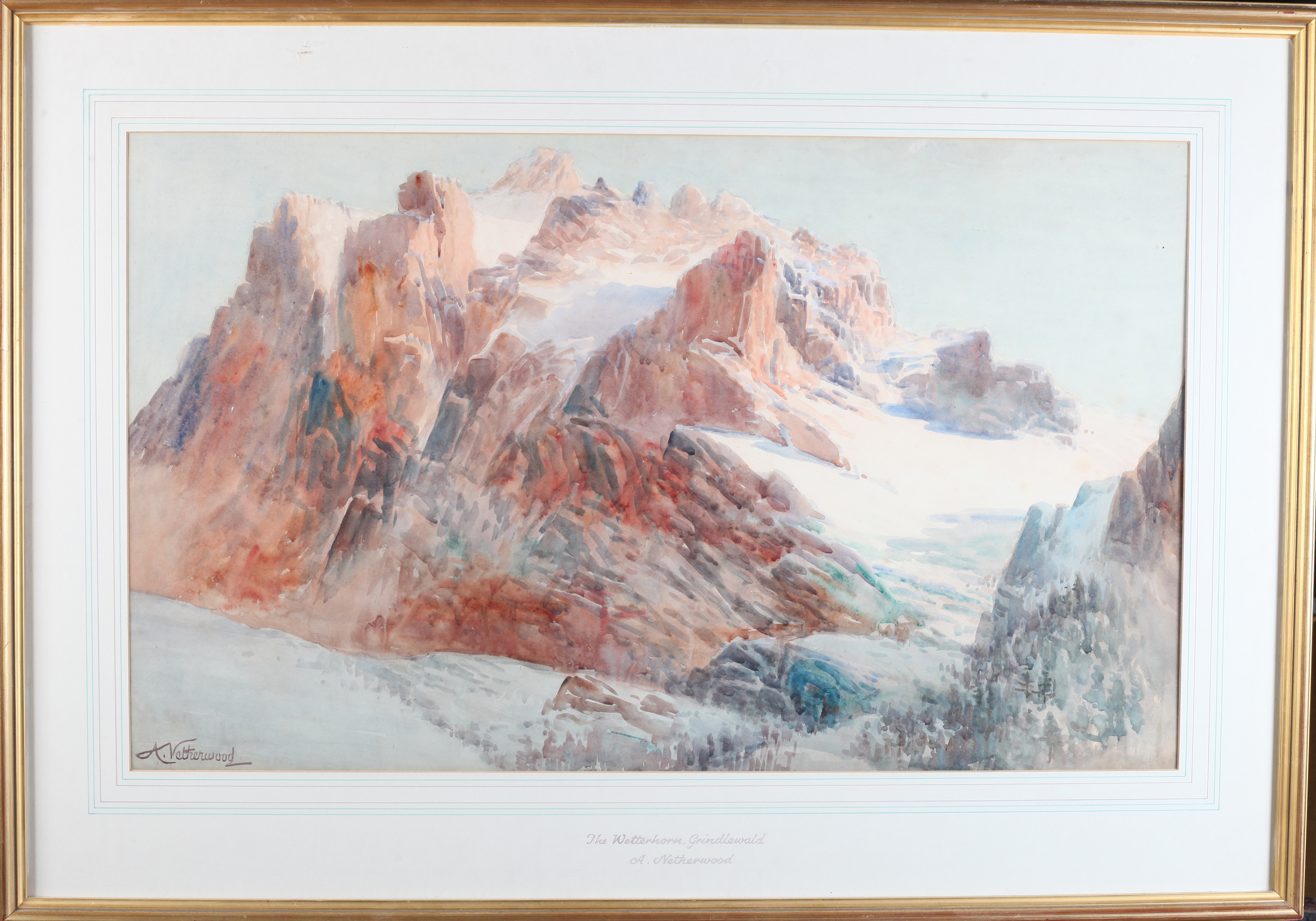 ARTHUR NETHERWOOD (1864-1930) The Wetterhorn, Grindelwald, watercolour, signed to lower left, 44cm x - Image 2 of 5