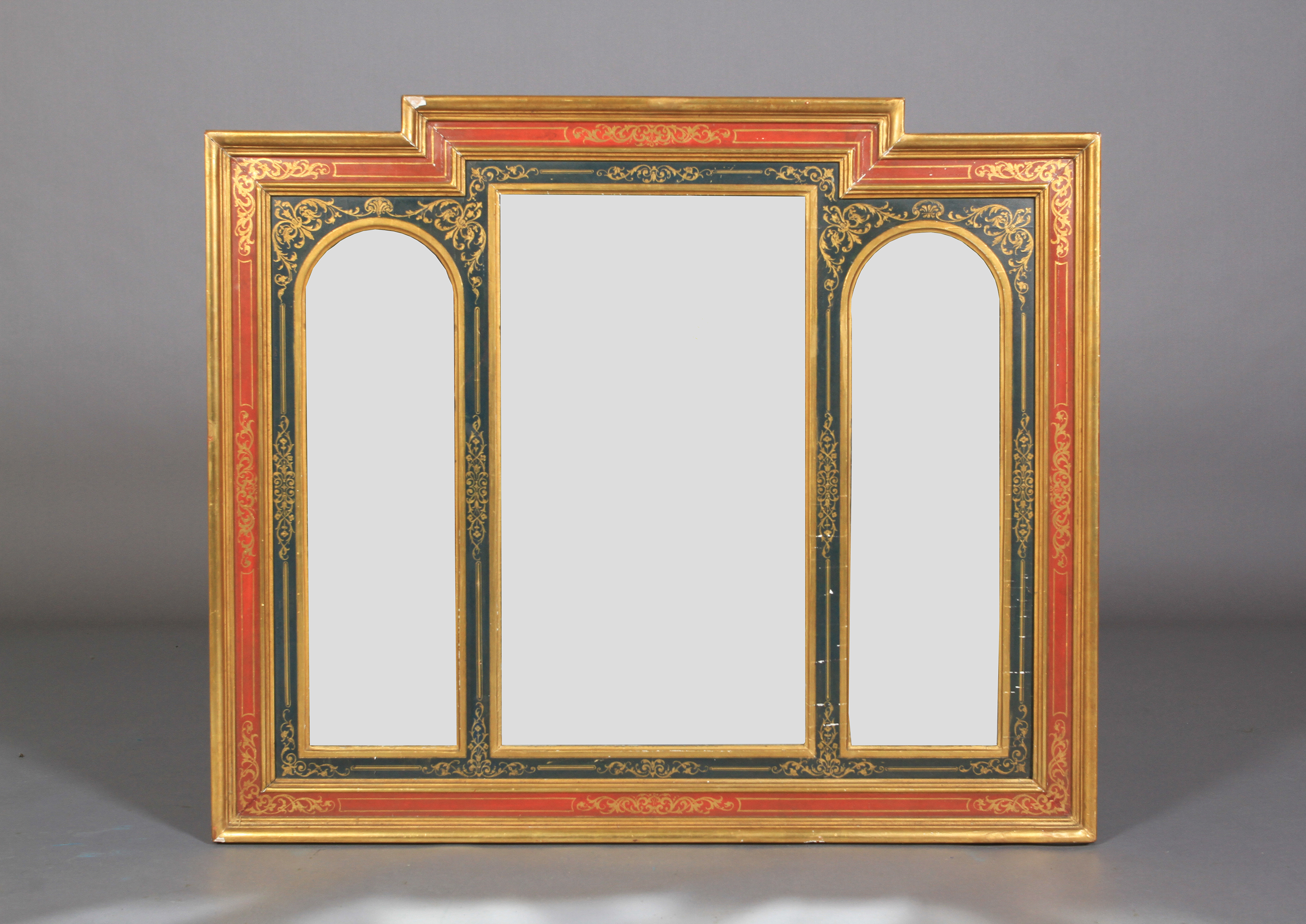 A VICTORIAN GILTWOOD FRAMED OVERMANTEL MIRROR of stepped outline, having a rectangular bevelled