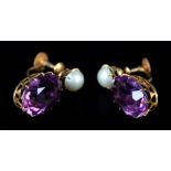 A PAIR OF EARLY 20TH CENTURY AMETHYST AND PEARL PENDANT EARRINGS, in 9ct gold, each claw set with an