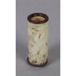 A CHINESE PIERCED AND CARVED JADE CYLINDRICAL POT decorated with mountainside, and relief carved