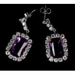 A PAIR OF AMETHYST AND DIAMOND CLUSTER EAR PENDANTS c.1950 in 18ct white and yellow gold, each set