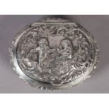 AN CONTINENTAL .930 STANDARD SILVER OVAL SNUFF BOX, the shallow body embossed with scrolls,