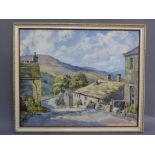 E Charlton Taylor, Appletreewick Wharfedale - village main street with figures, oil on board, signed