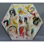 Hexagonal oil on canvas, 'Crowd 07' by Sloane, unframed, 53cm x 61cm, hexagonal