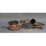 A copper cider muller, small copper pan with lid, acorn finial handle, a copper skillet, a copper