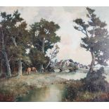 J HOHENBERGER (20th century), river landscape with village, figure and cattle grazing, oil on