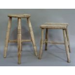 Two stools stripped pine and elm with turned legs joined by cross and H stretchers