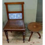 A Victorian mahogany framed hall chair with twin tiled back, on turned legs; together with an