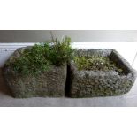 Two rectangular sandstone garden troughs, each 40cm wide approximately