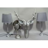 A pair of table lamps with mosaic covered spherical and tubular chrome columns, grey shades, 50 cm