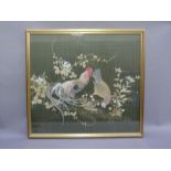 An Oriental needlework panel of cockerel and hen amongst flowering grasses, 51cm x 56cm