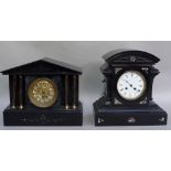 A Victorian black slate marble inset mantel clock of architectural design, having a white enamel