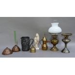 Two electric 'oil' lamps, two copper possers (one without handle) coffee pot, grapevine moulded jug,