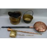A Victorian brass jam pan with steel handle, a Victorian copper warming pan with ebonised turned