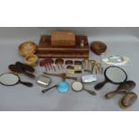 Dressing table items, hand mirrors, soap box, leather suitcase strap, knitting sheath incised M