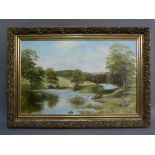 John Dean below Howgill North Yorkshire, river landscape, oil on canvas, signed to lower left,