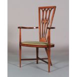 AN EDWARD VII MAHOGANY AND SATINWOOD BANDED OCCASIONAL CHAIR having a tapered and pierced back,