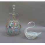 A glass two handled decanter in 17th century style, polychrome enamelled with boats, birds and