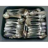 A quantity of silver plated cutlery mainly dessert spoons and forks, dinner forks and serving