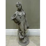 A concrete garden figure modelled as a young woman carrying basket of flowers and empty basket, 68cm