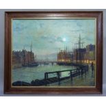 After Walter Meegan, moonlit harbour with figures, oil on board, bears signature to lower right,