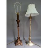 A gilt metal table lamp the column with circular spreading base on four feet, approximately 60cm