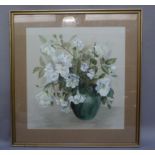 Jean Starkie, still life of white flowers held in a green vase, watercolour, signed