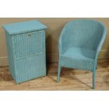 A blue painted wicker chair, together with a similar wicker linen basket