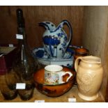 A blue and gilt on white toilet jug and bowl, 70s smoked glass decanter and five tumblers, a