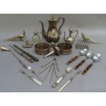 Silver plated ware including coffee pots, toast rack, pair of coasters, chamber stick, carving